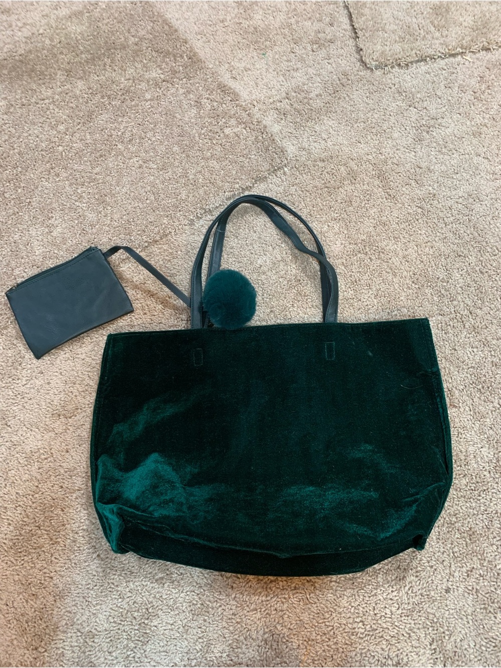 Green Velvet Tote Bag with Pom Charm and Wristlet
